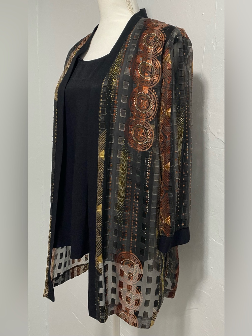 Vintage Women’s Black Sheer Embroidered Open-Front Cardigan with Metallic Accent